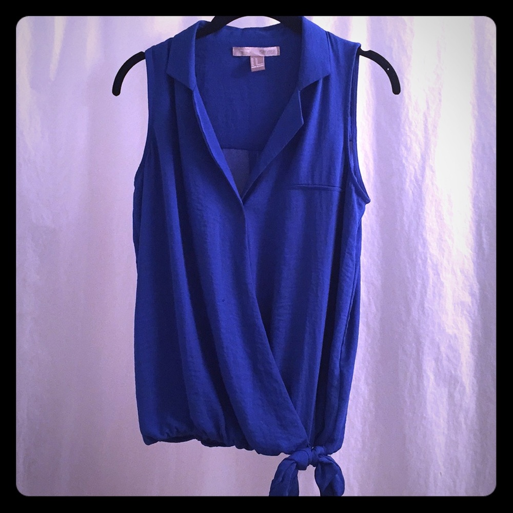 Forever 21 XS Royal Blue Collared Tie Front Top